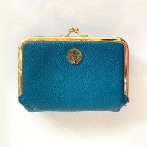 Vintage Teal Leather Kiss Lock Clutch Wallet Gold Frame AV Monogram Accessory Ca